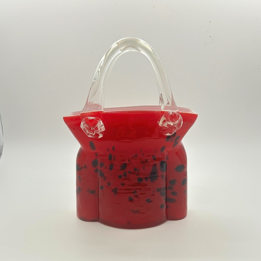 Art Glass Hand Blown Red Purse‎ Vase Handbag Planter Decorative Accent Bright